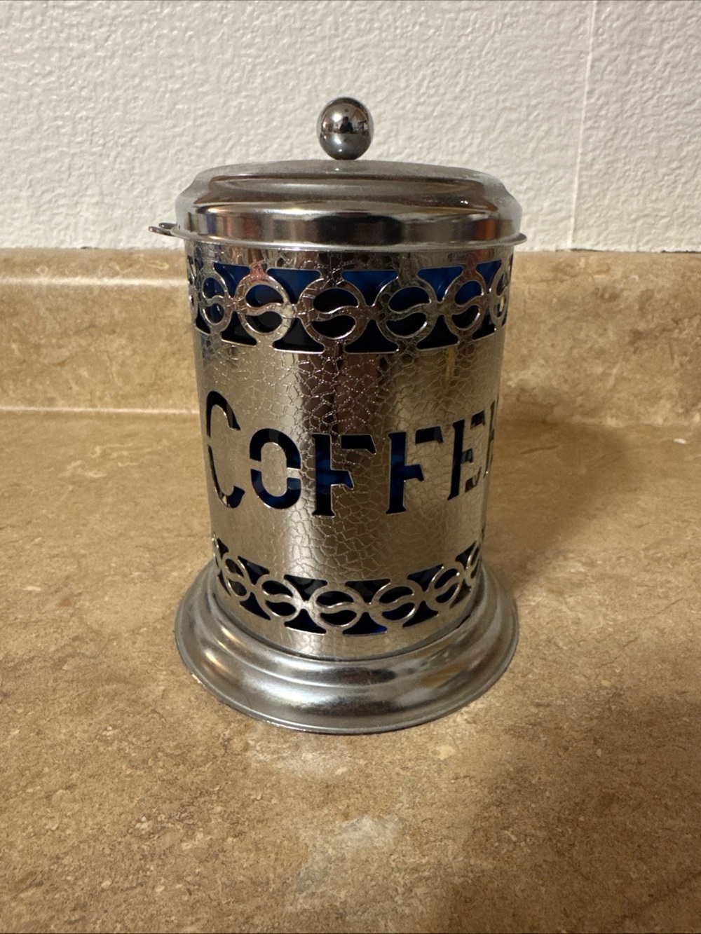 Vtg Hammered Silverplate Coffee Keeper Jar Container w/ Cobalt Blue Insert